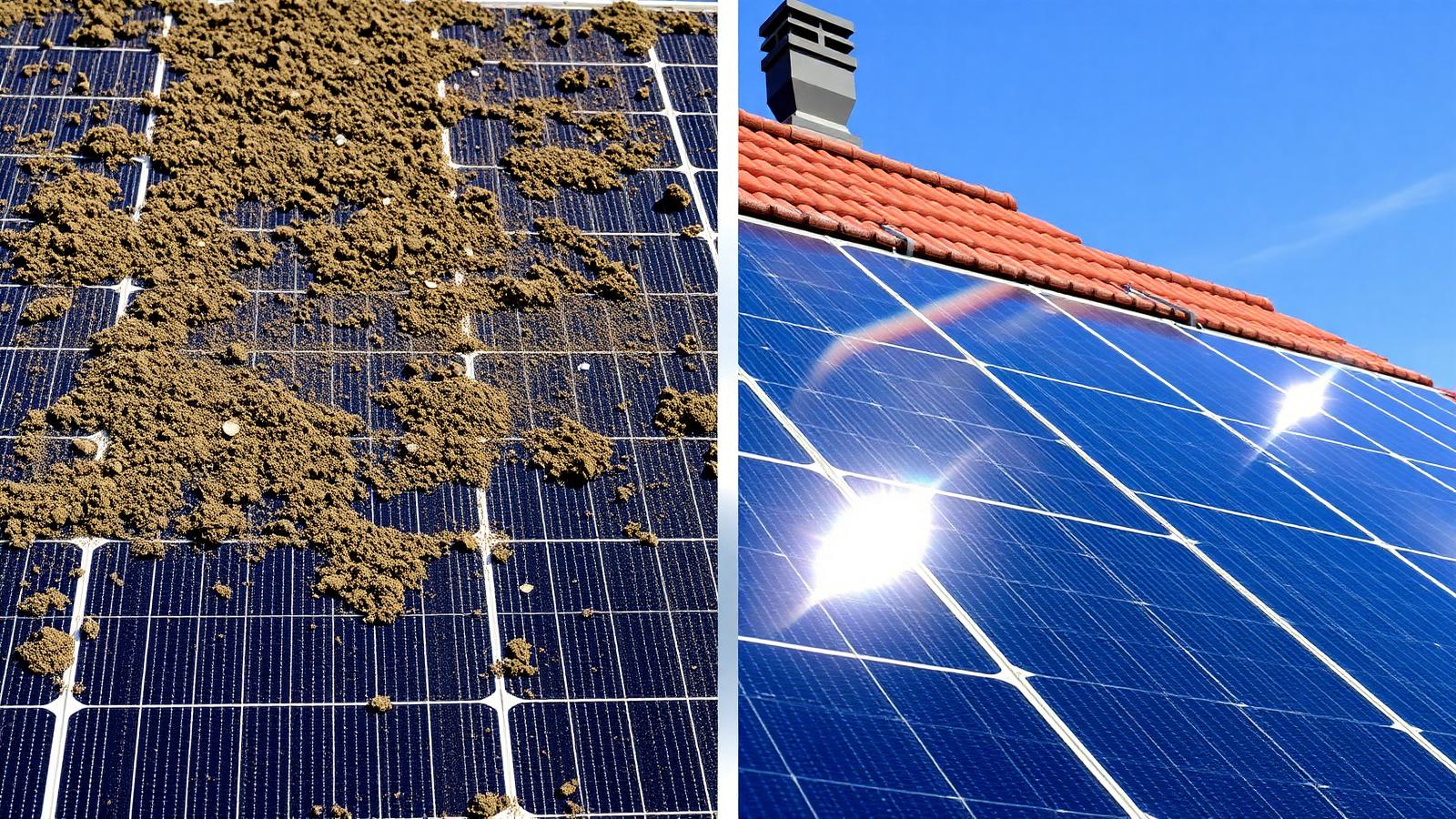 Before and after solar panel cleaning showing dramatic difference