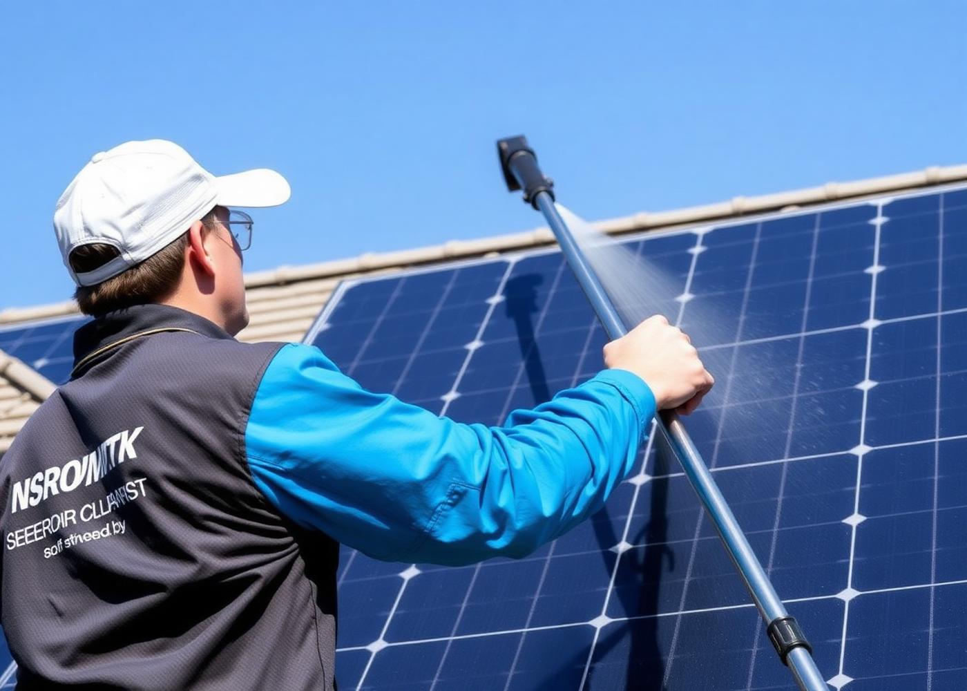 Technician using soft-bristle water-fed pole on solar panels